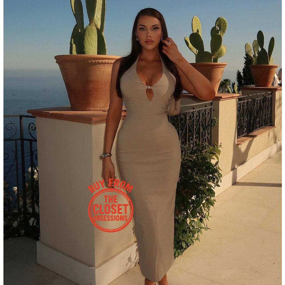 Zara Taupe Halter Bodycon Midi Dress Cut Out Stretch Fitted Evening NWT Size L - Picture 11 of 16